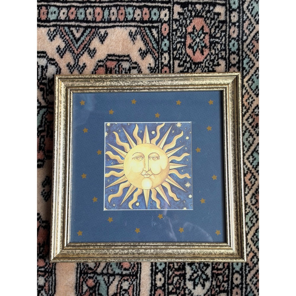 Mary Beth Zeitz Vintage 90s Celestial Sun Gold Framed Print 9" Boho Whimsical